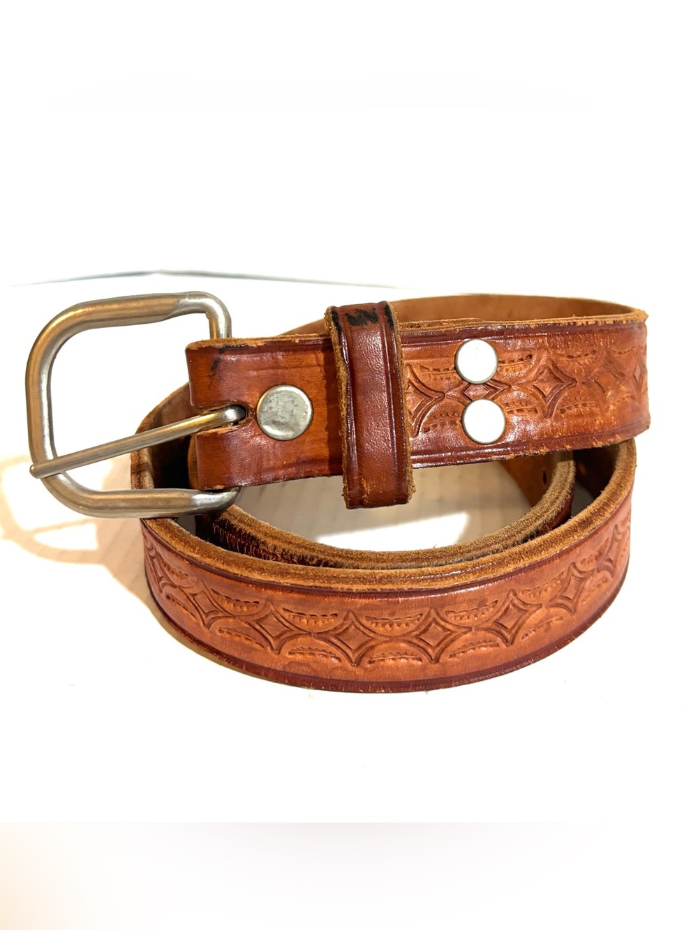 Vintage unisex Embossed Leather Belt - Chestnut Brown